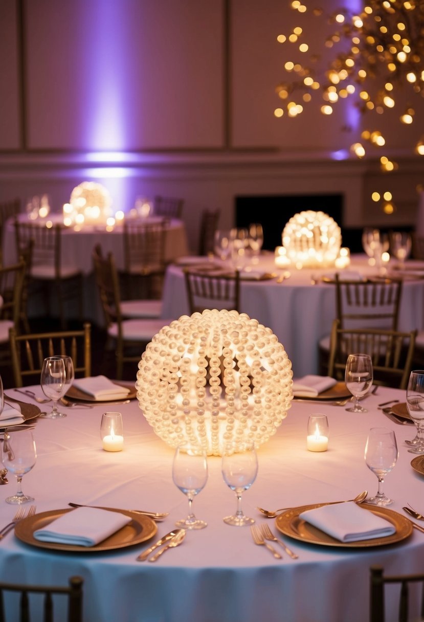 Glowing pearl centerpieces illuminate elegant wedding tables