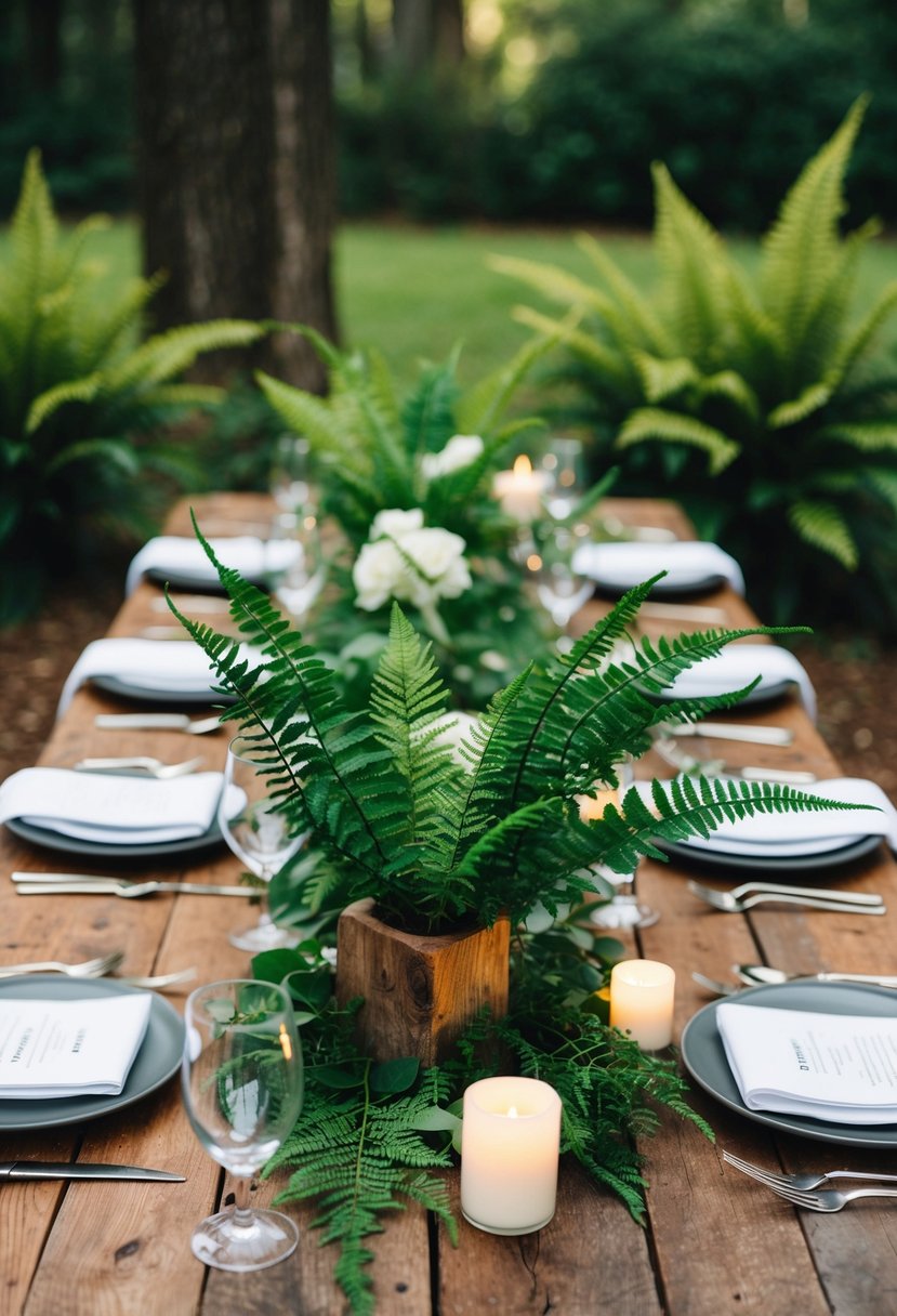 A rustic wooden table adorned with a lush mix of salal and leather leaf ferns, creating a natural and elegant wedding centerpiece