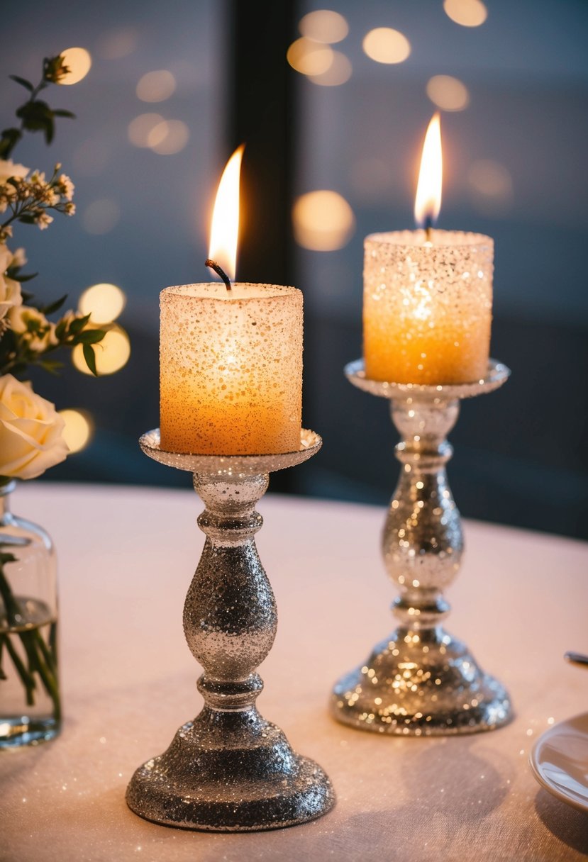 Two glitter-dusted candle stands sparkling on a wedding table, casting a warm glow