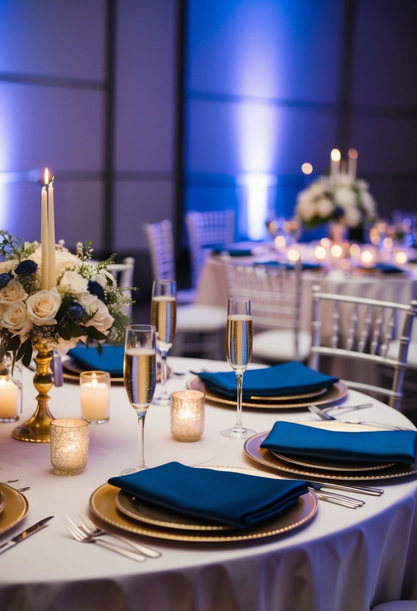 A chic night blue and champagne wedding reception with elegant table settings, soft candlelight, and shimmering champagne glasses