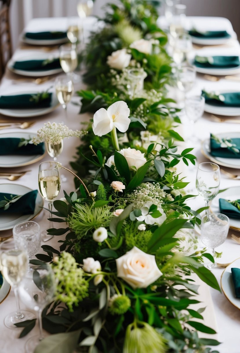 A table adorned with lush greenery runners, intertwined with delicate flowers and foliage, creating a natural and elegant wedding decoration