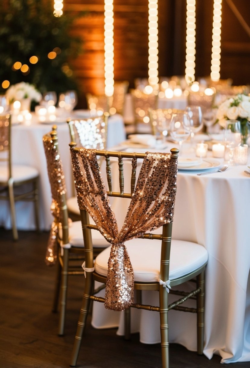 Sequined chair covers sparkle on wedding tables