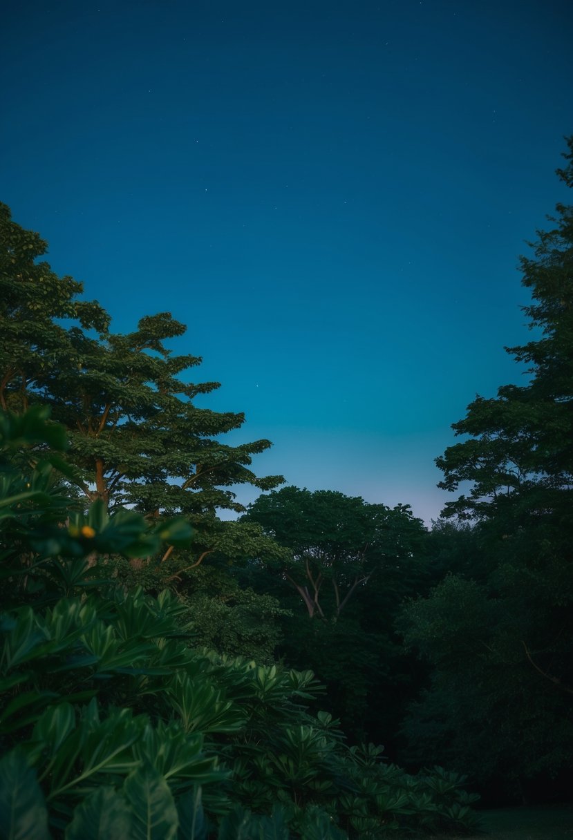 A serene night scene with a deep blue sky and lush forest green foliage