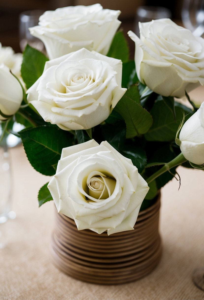 White roses arranged in wired paper cord, placed on a natural wedding table