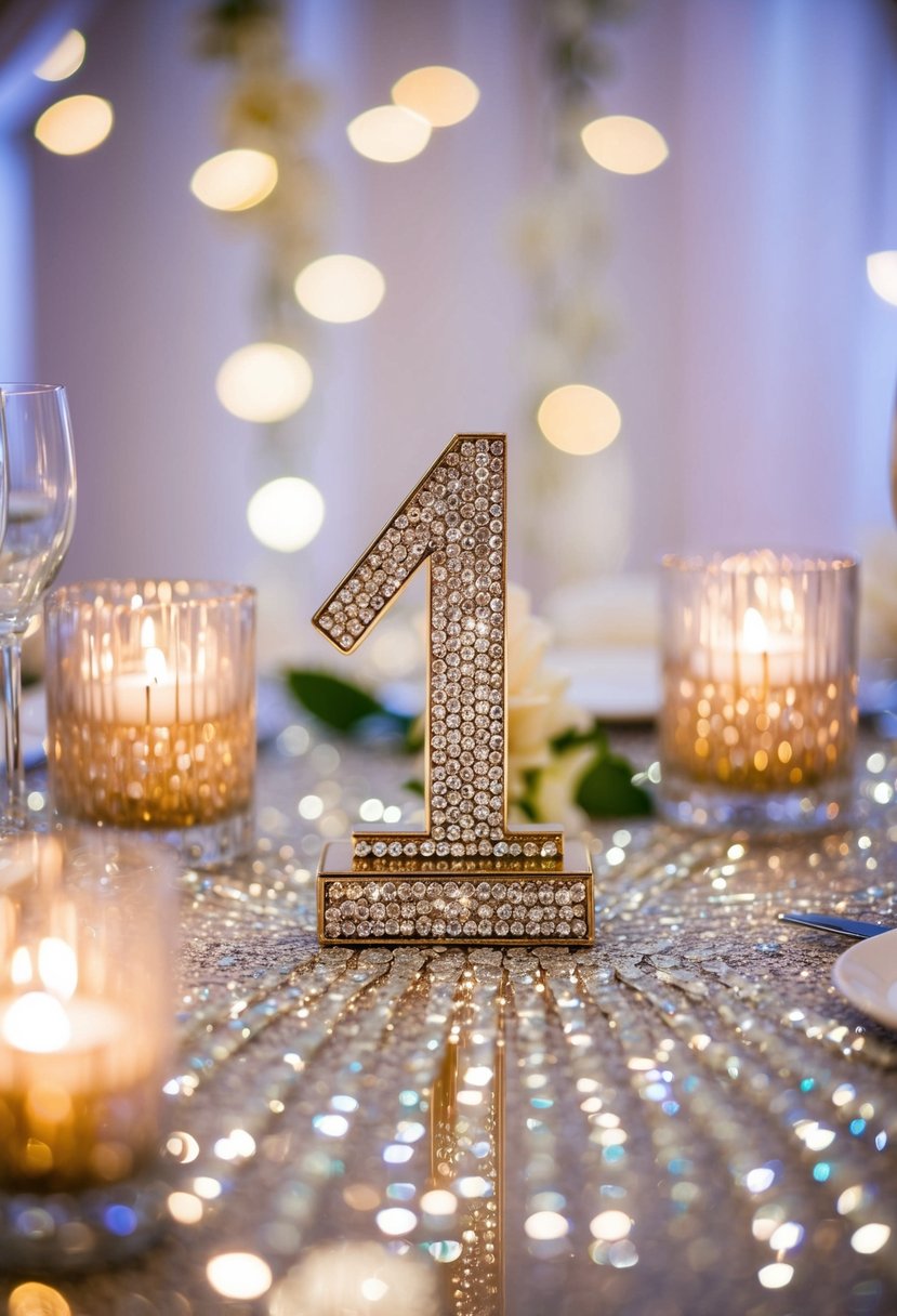 A sparkling rhinestone table number stand sits atop a glittering wedding table, adding a touch of elegance to the decorative display