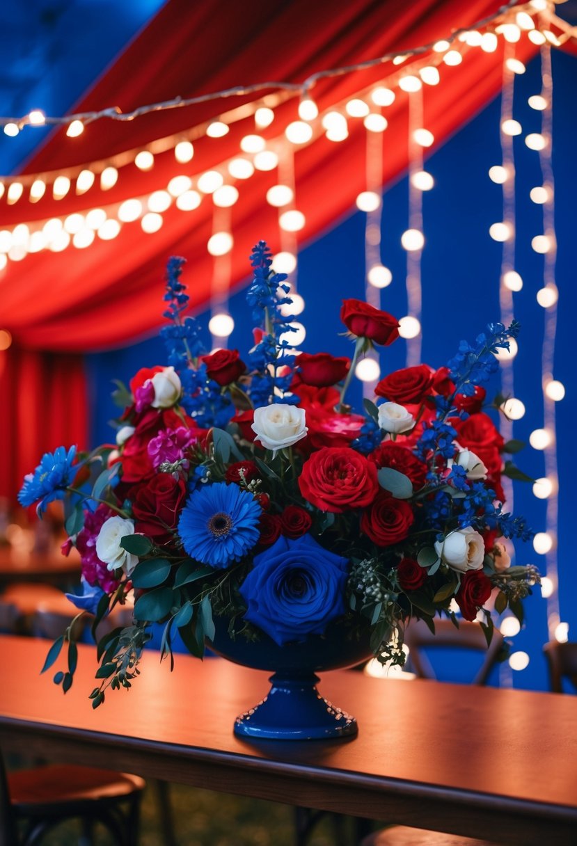 A bold night blue and red color palette with elegant floral arrangements and twinkling string lights creating a romantic atmosphere