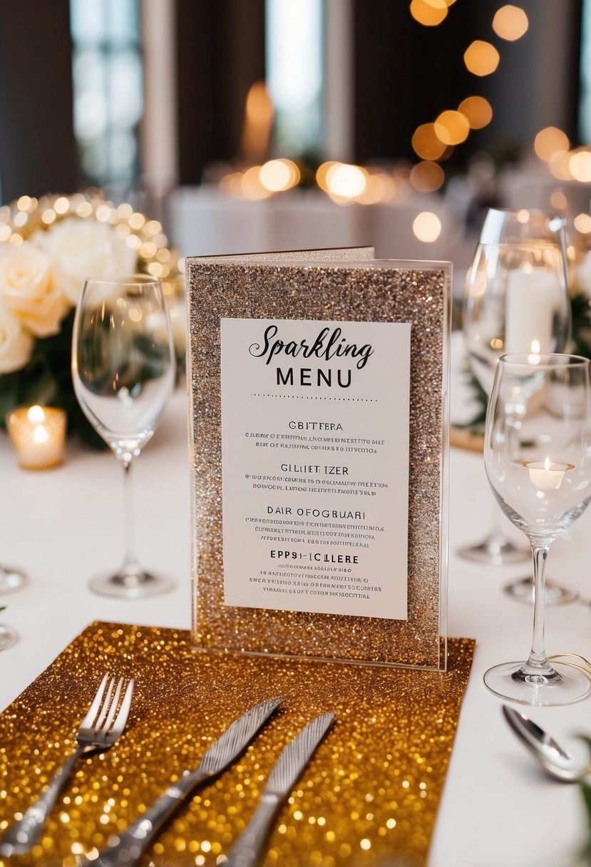 A sparkling menu showcases various glittery wedding table decorations