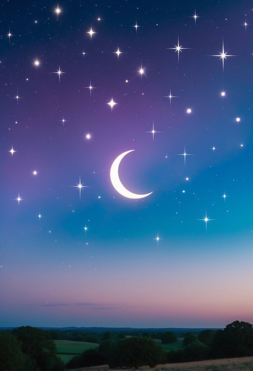 A whimsical night sky with lavender and deep blue hues, twinkling stars, and a crescent moon casting a romantic glow over a tranquil landscape