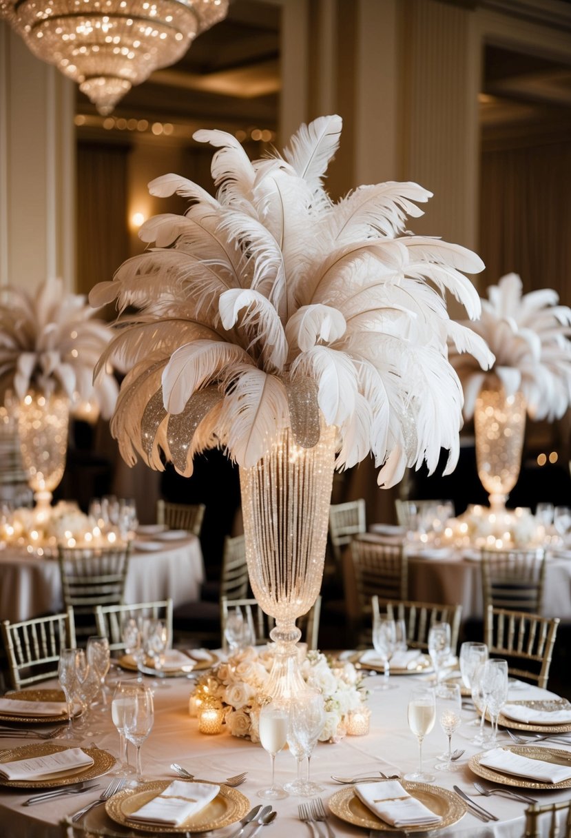 A grand table adorned with opulent feather centerpieces, sparkling with glitter and exuding Gatsby-inspired elegance