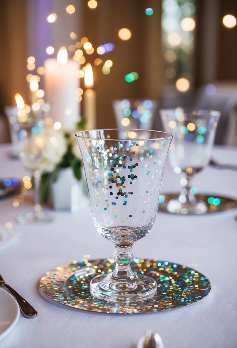 Holographic confetti accents sparkle on a wedding table, adding a touch of glamour and festivity to the decor