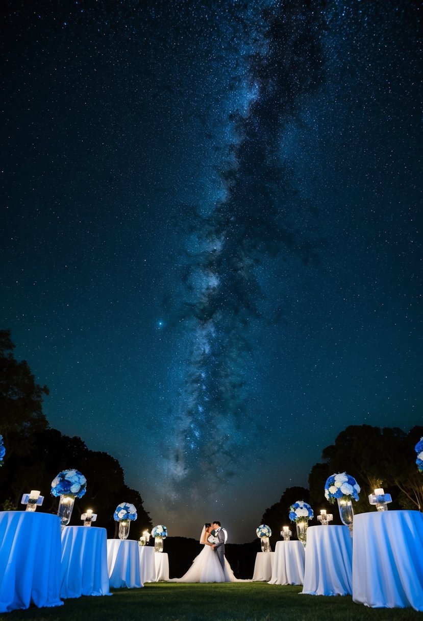 A starry night sky with deep blue and black hues, highlighted by elegant wedding decor in the same colors