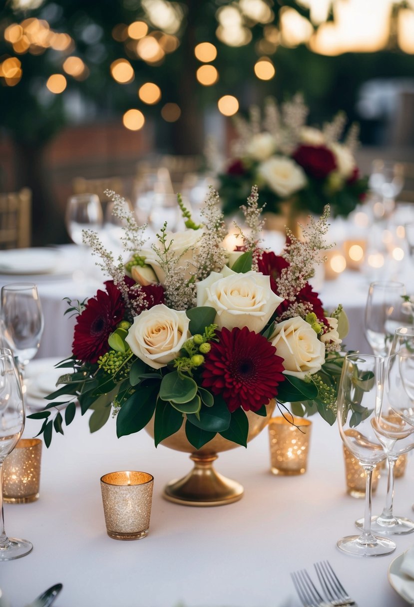 Floral arrangements with glittering accents adorn wedding tables