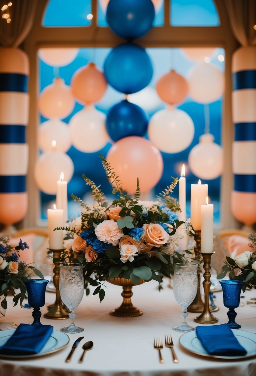 A vintage night blue and peach color palette on a wedding table with flowers and candles