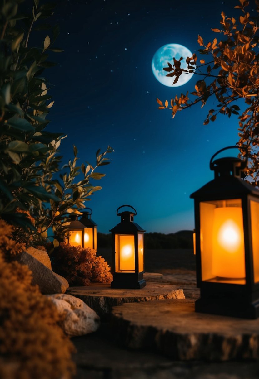 A rustic night scene with deep blue and warm orange accents, featuring a moonlit sky, glowing lanterns, and earthy foliage