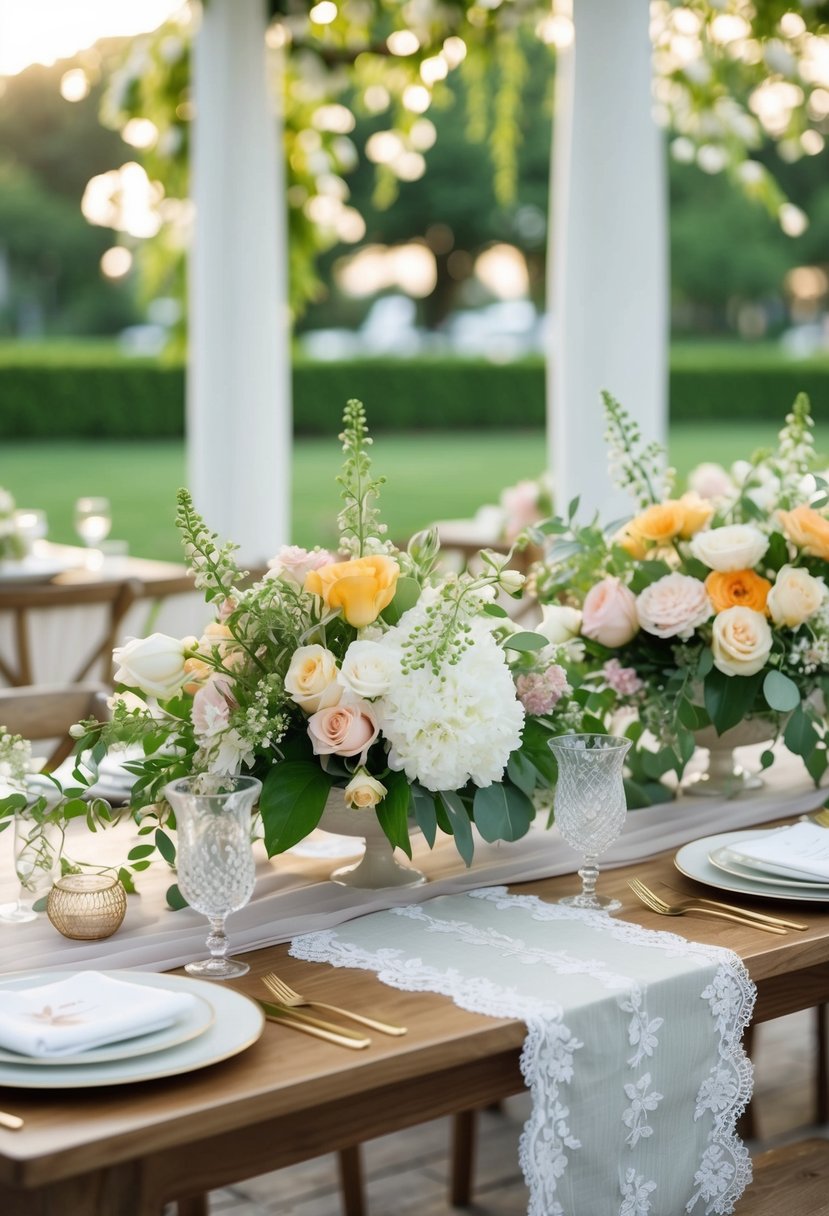 A table adorned with fresh flowers, elegant centerpieces, and delicate lace table runners for a romantic June wedding