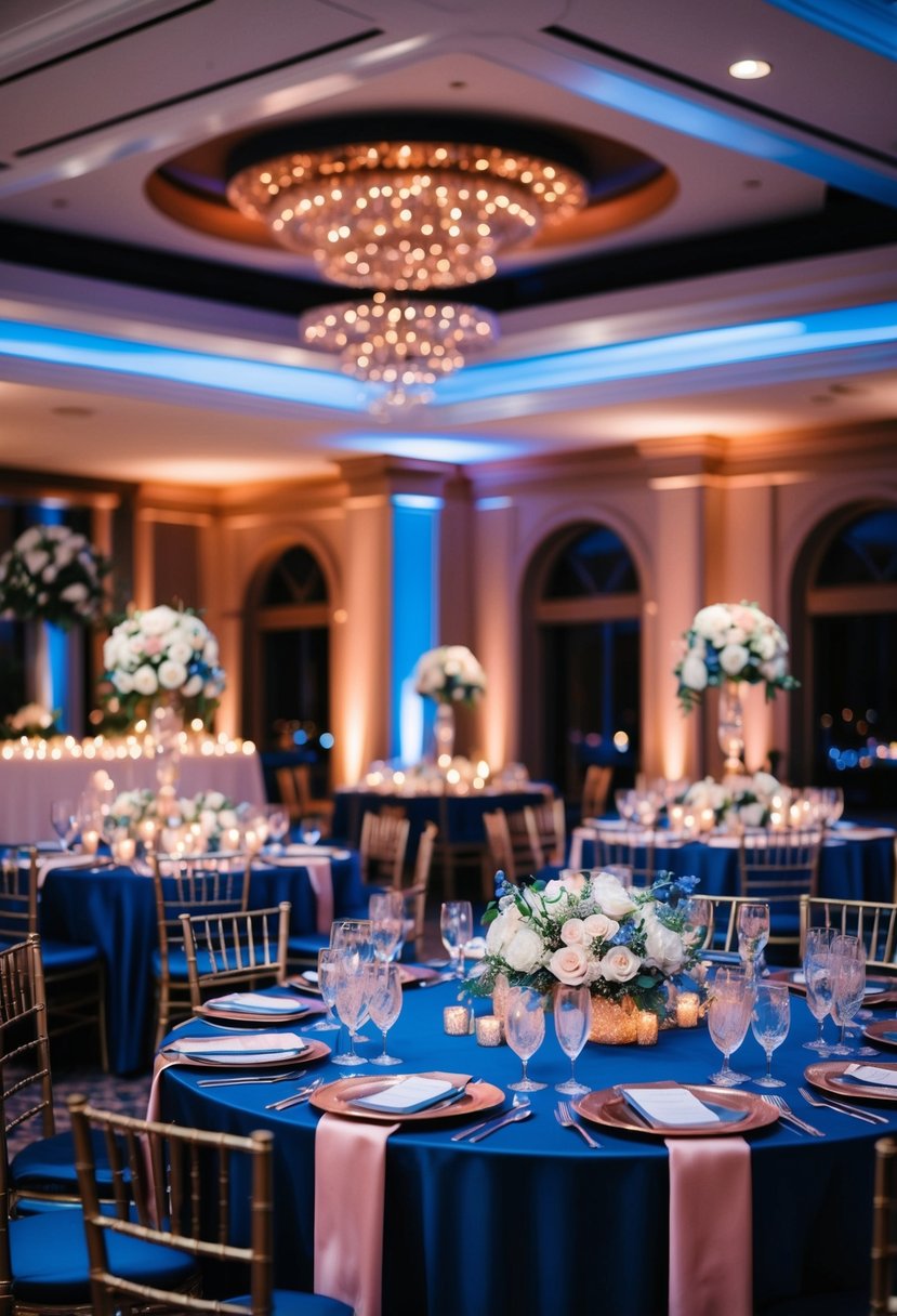 A luxurious night blue and rose gold wedding reception with sparkling decor and elegant floral arrangements