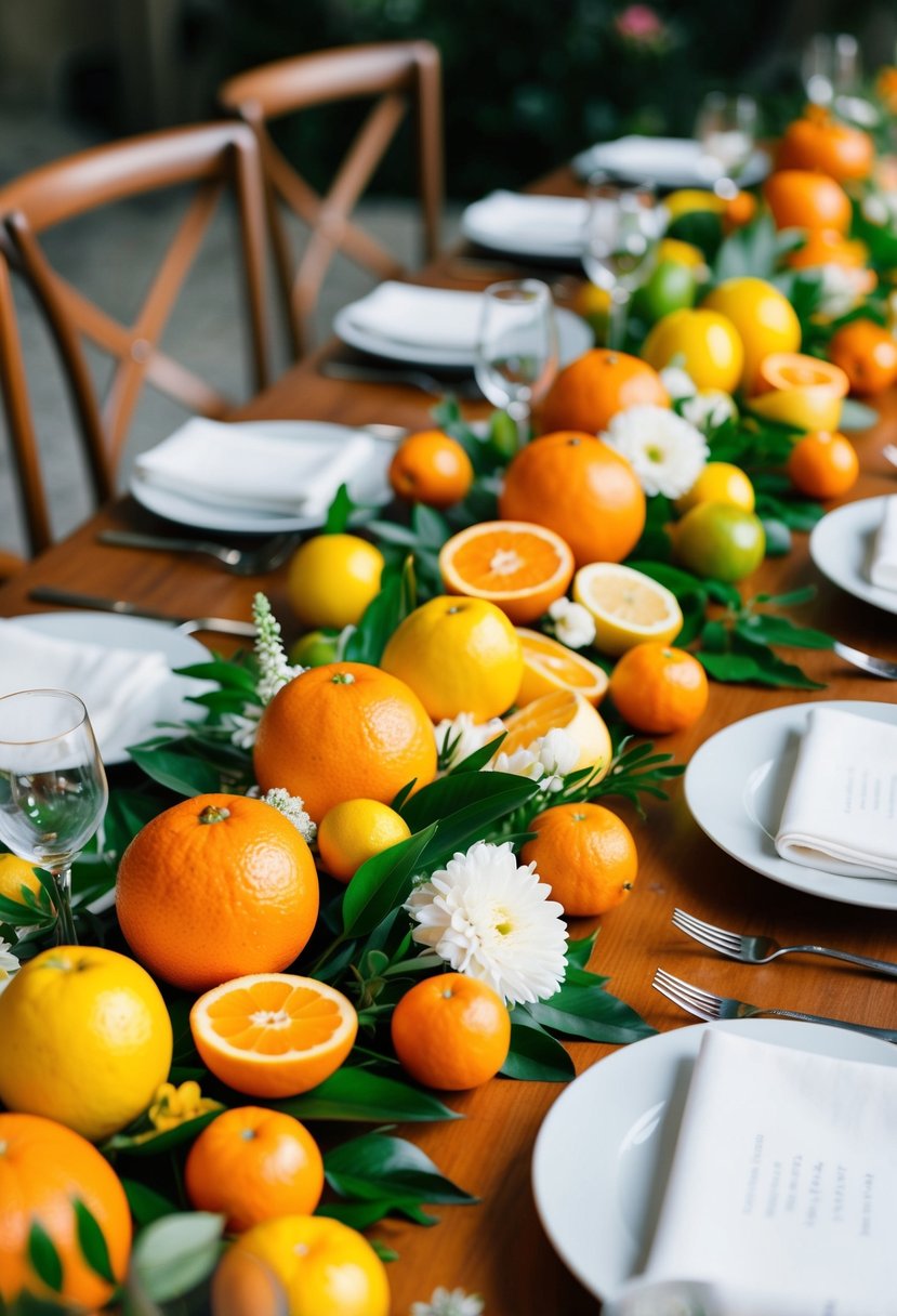 A table adorned with bright orange and yellow citrus fruits, complemented by green foliage and white blooms, creating a vibrant and fresh June wedding centerpiece