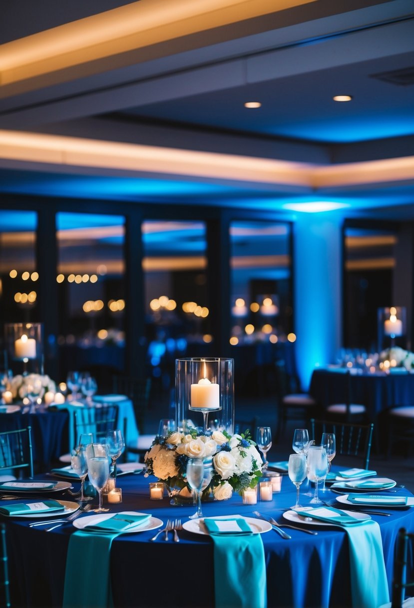 A modern wedding reception with night blue and teal decor, featuring elegant centerpieces and ambient lighting