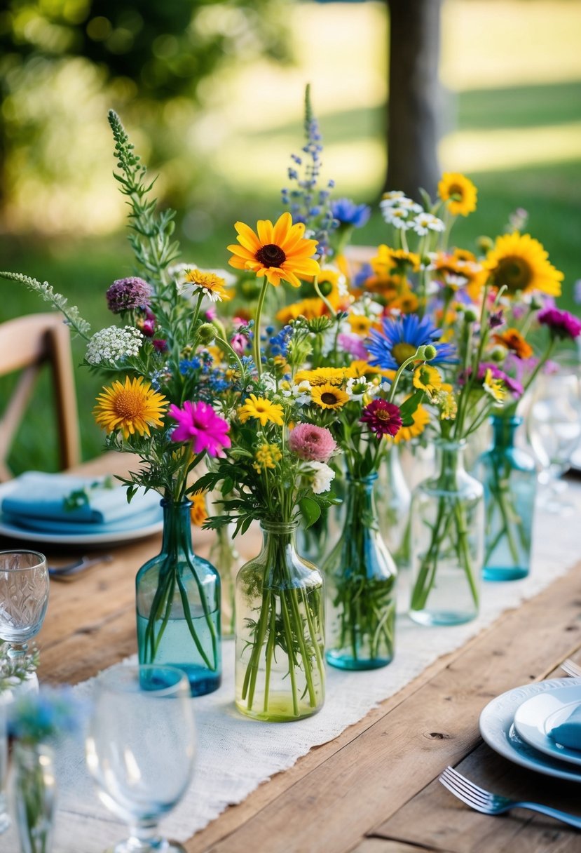 A rustic wooden table adorned with a colorful array of wildflowers in various glass vases, creating a whimsical and natural centerpiece for a June wedding celebration