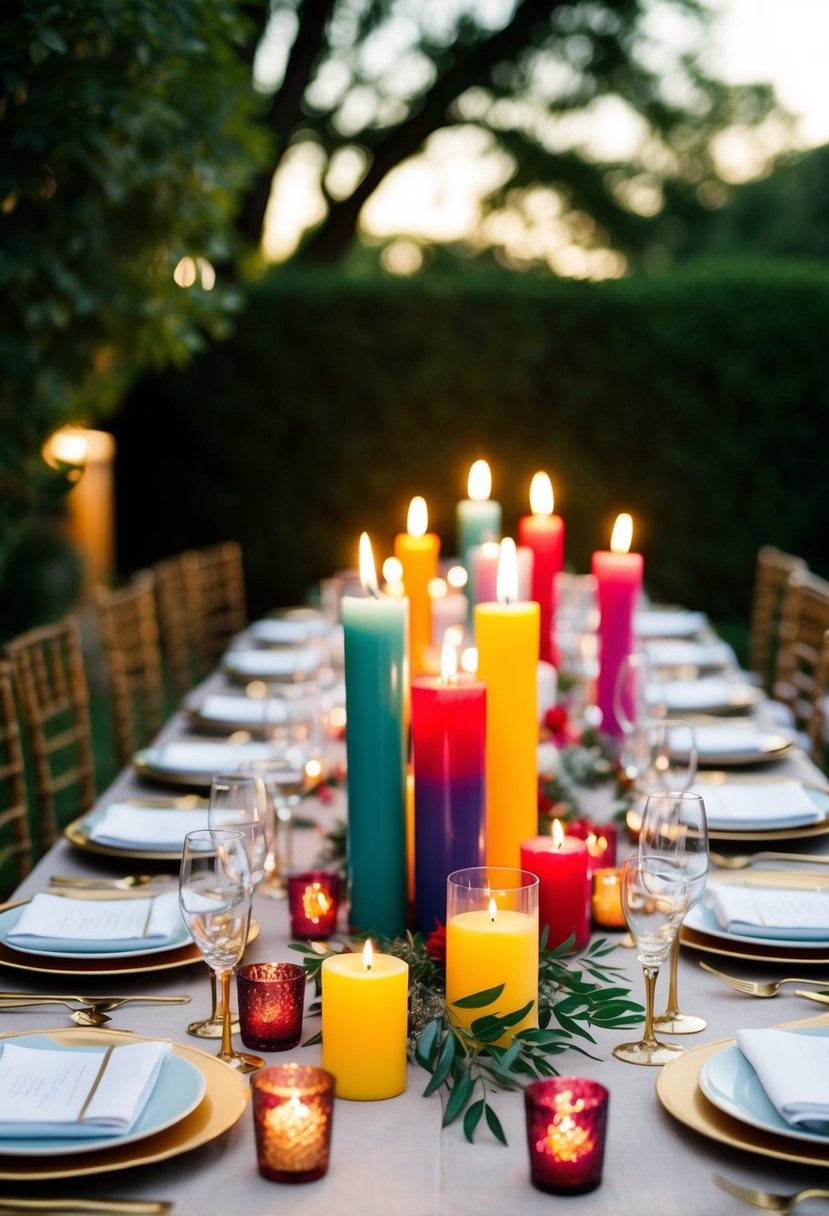 A table adorned with colorful candles for a June wedding