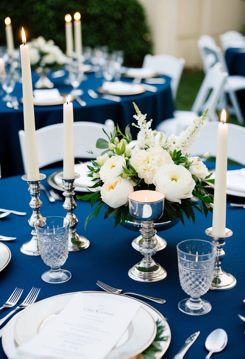 A navy blue tablecloth adorned with silver candle holders, white floral centerpieces, and elegant place settings