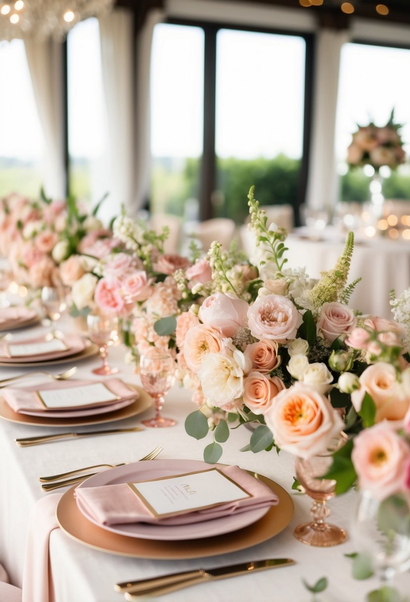 A table adorned with tonal flowers in soft hues of pink, peach, and ivory, creating an elegant and romantic ambiance for a June wedding celebration