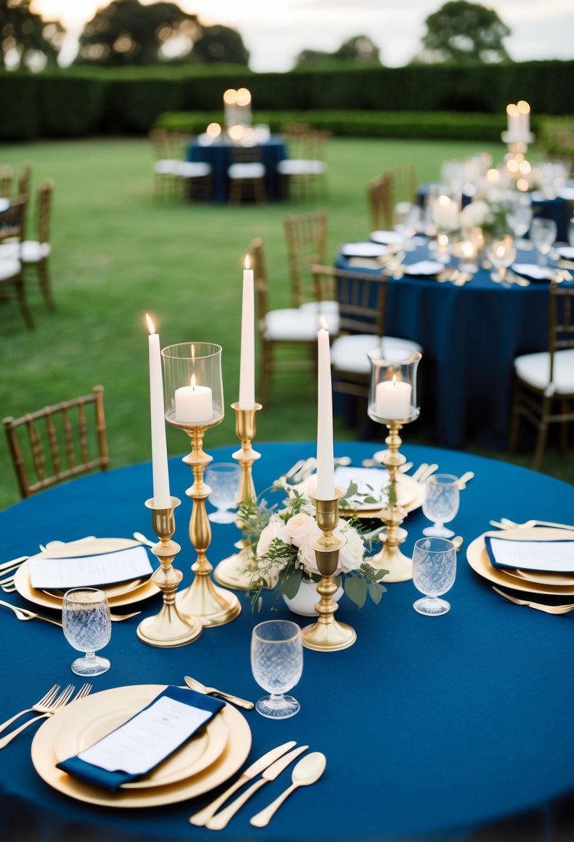 A navy blue tablecloth adorned with gold candle holders, vases, and cutlery creates an elegant wedding table setting