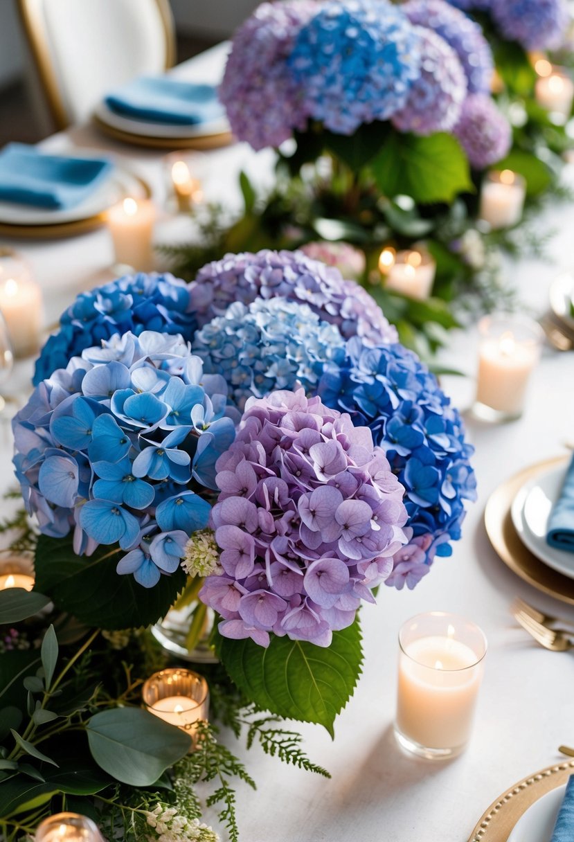 A table adorned with lush hydrangeas in shades of blue and purple, complemented by delicate greenery and soft candlelight