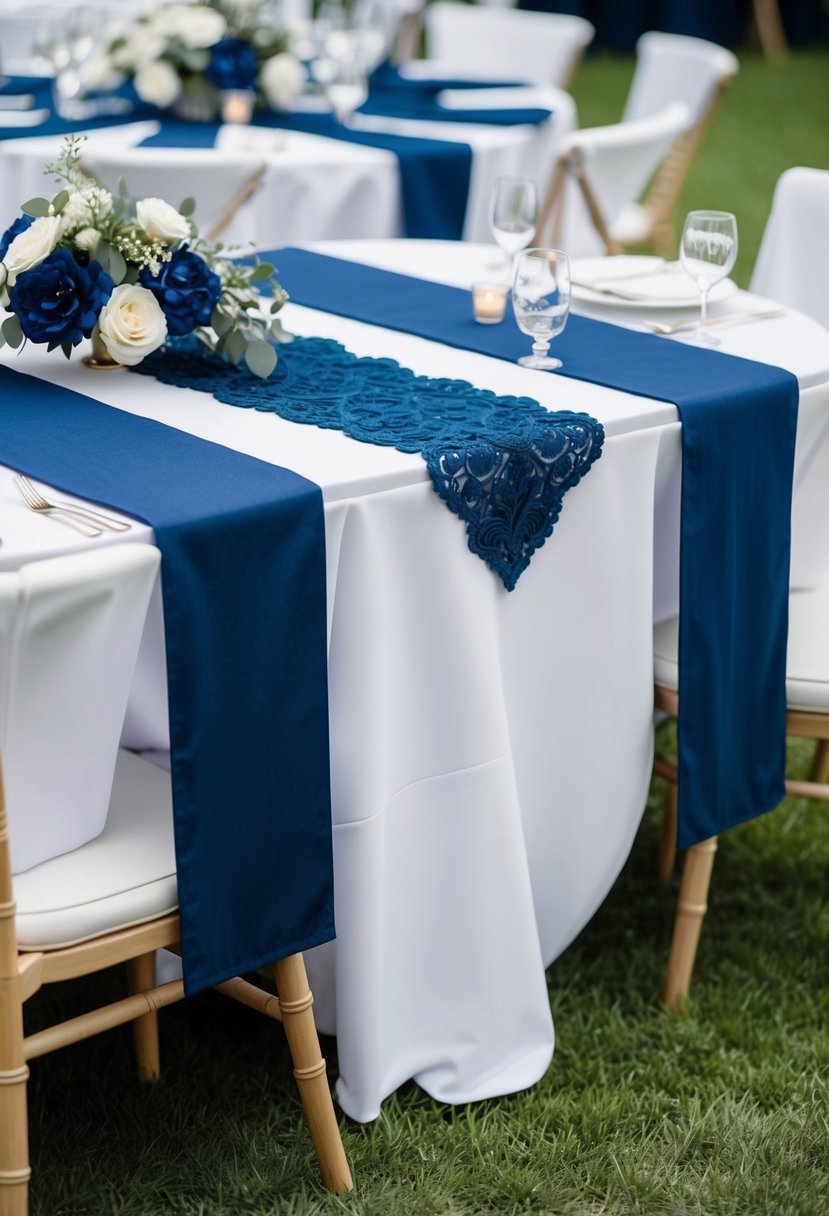 Navy blue table runners lay over white tablecloths at a wedding reception, adorned with elegant navy blue decorations