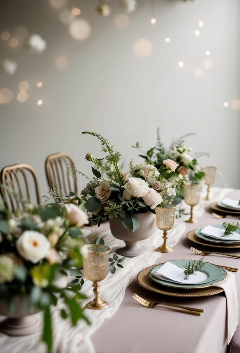 A muted palette June wedding table adorned with soft florals, delicate greenery, and vintage-inspired tableware