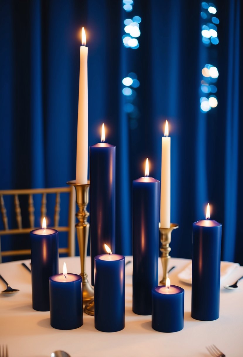 Navy candles of varying heights adorn a wedding table, casting a warm glow against the deep blue backdrop