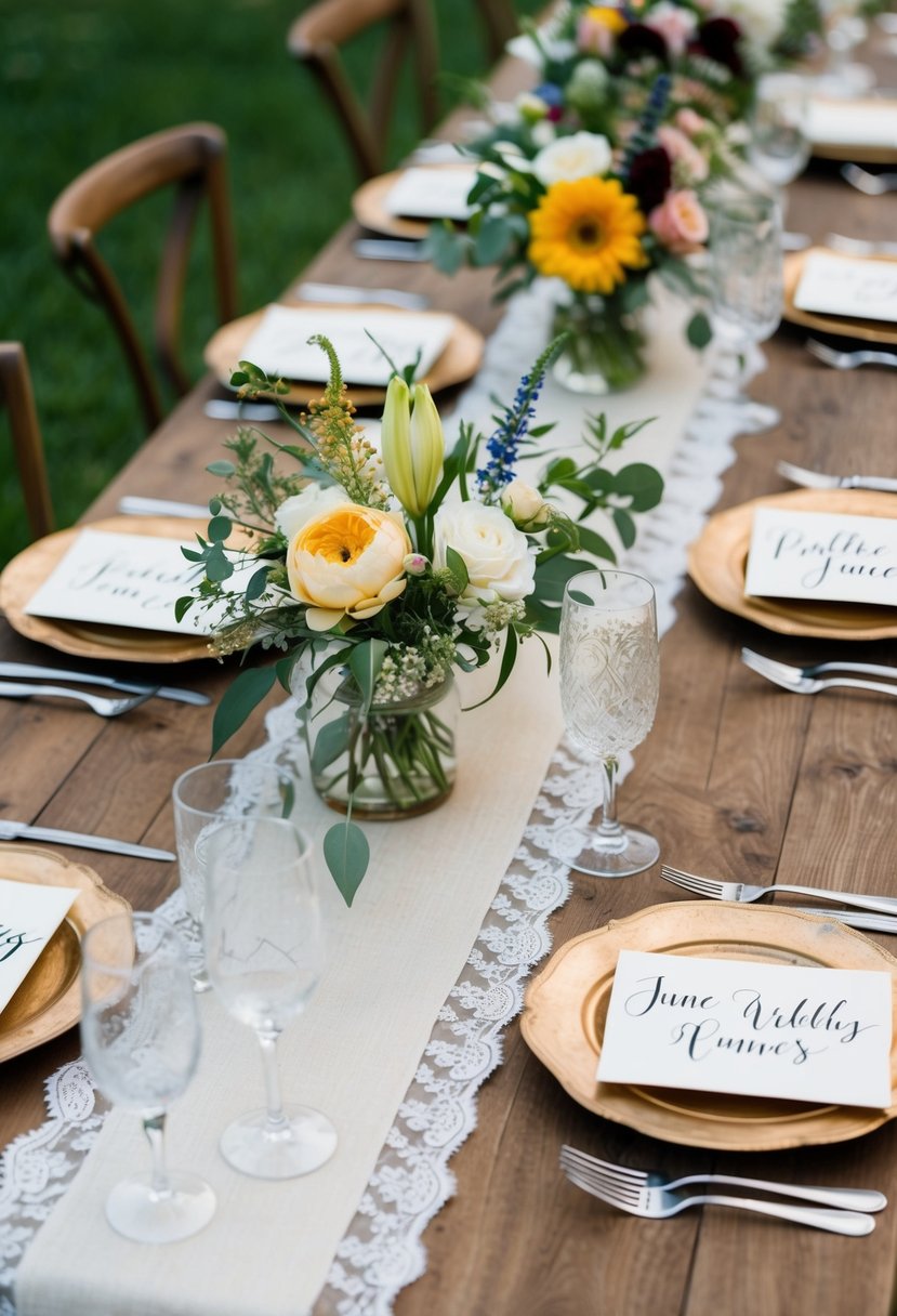 A rustic wooden table adorned with hand-painted floral centerpieces, delicate calligraphy place cards, and vintage lace runners for a June wedding celebration