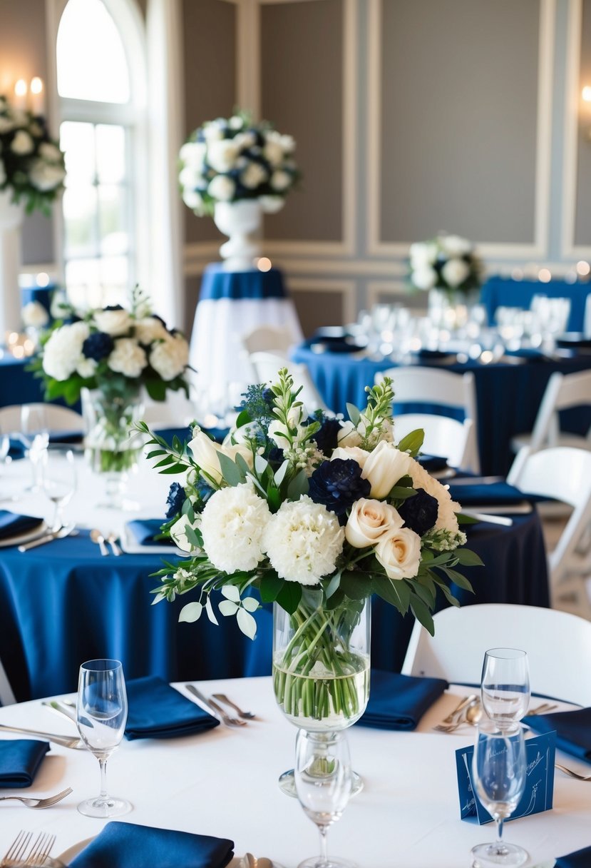 Navy and white floral centerpieces adorn wedding tables in a classic and elegant navy blue color scheme