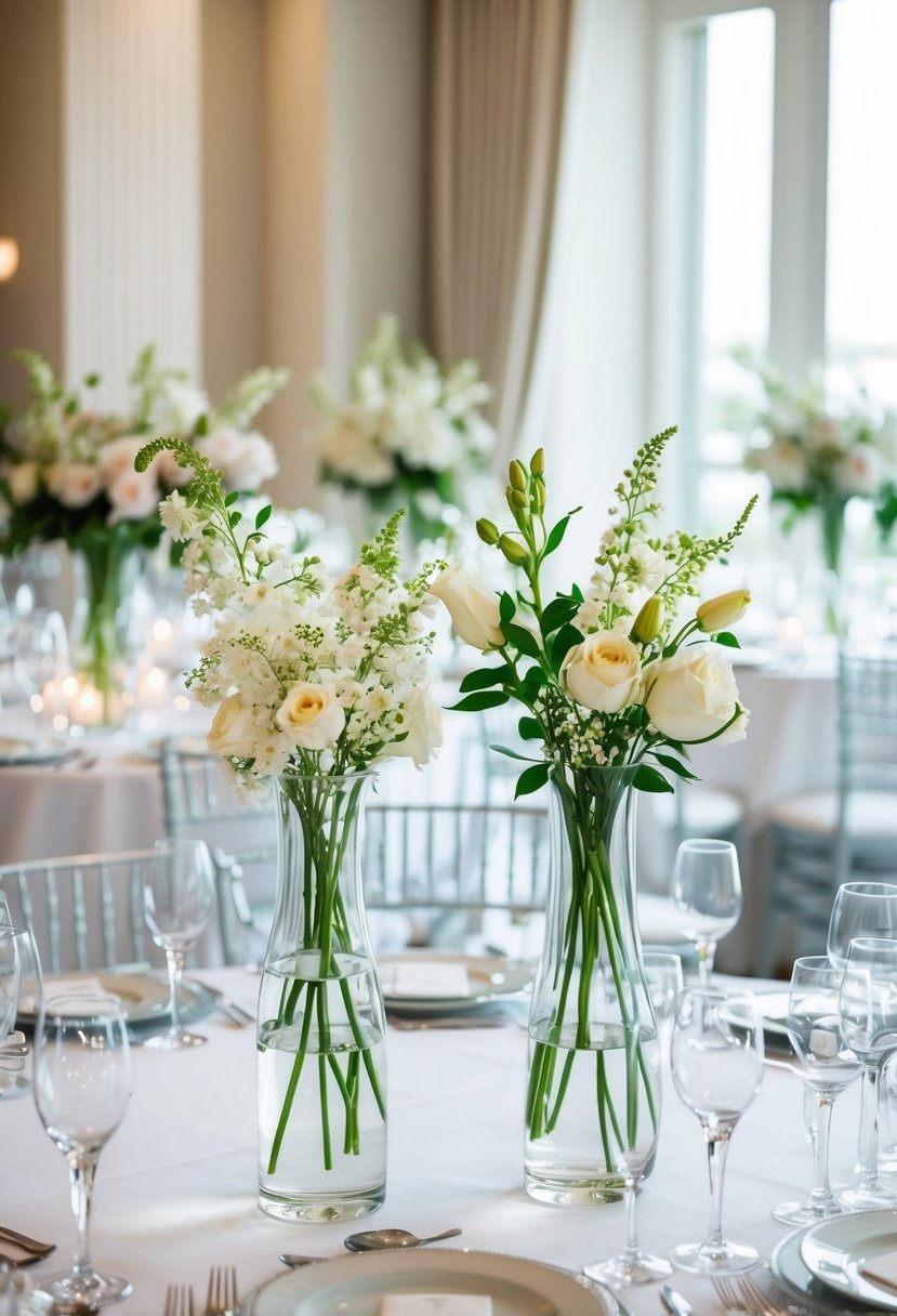 Elegant clear glass vases filled with delicate blooms adorn a June wedding table, creating a romantic and sophisticated atmosphere