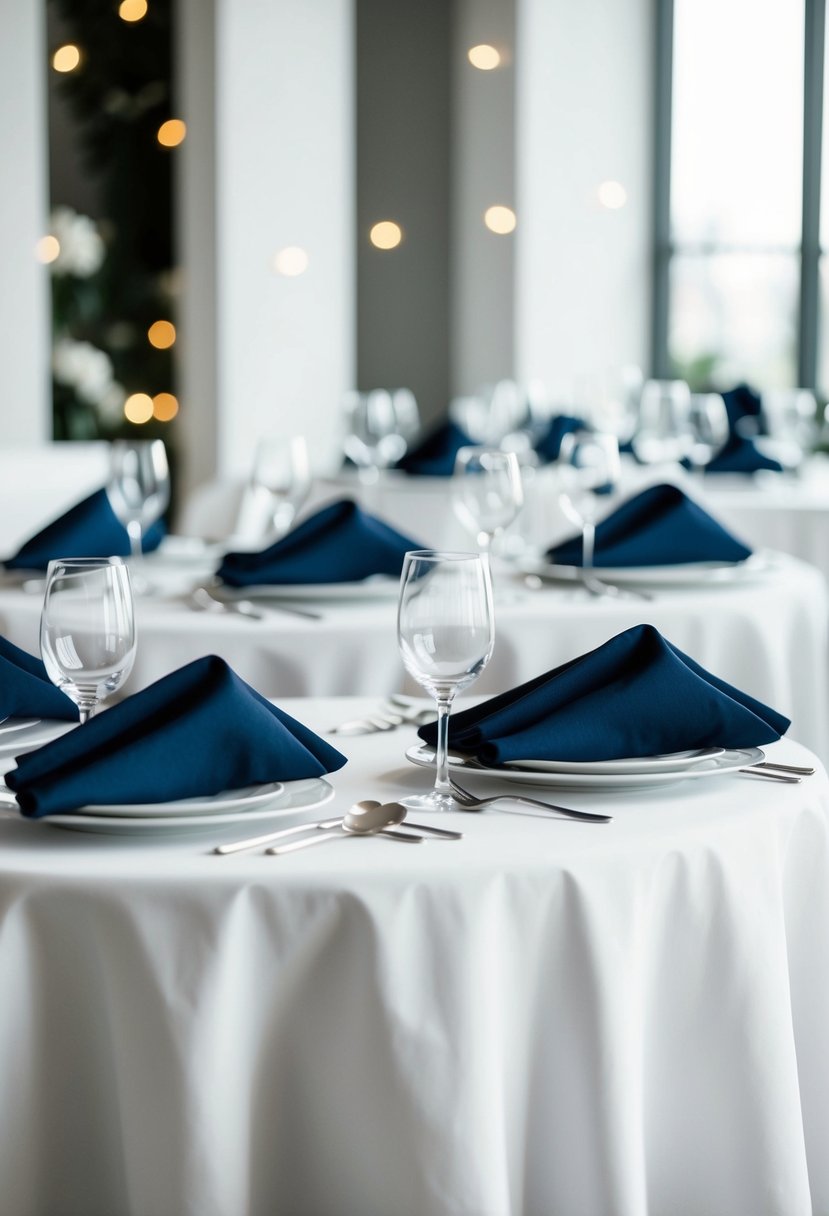 A table set with crisp white linens, adorned with navy blue napkins folded neatly and placed at each setting