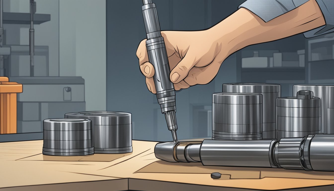 A carbide step reamer being carefully inspected and adjusted for optimal performance by a technician in a well-lit workshop