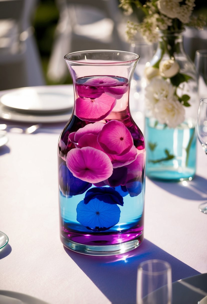 A glass vase filled with water and dyed in shades of pink, purple, and blue, sits on a white tablecloth as a centerpiece for a June wedding