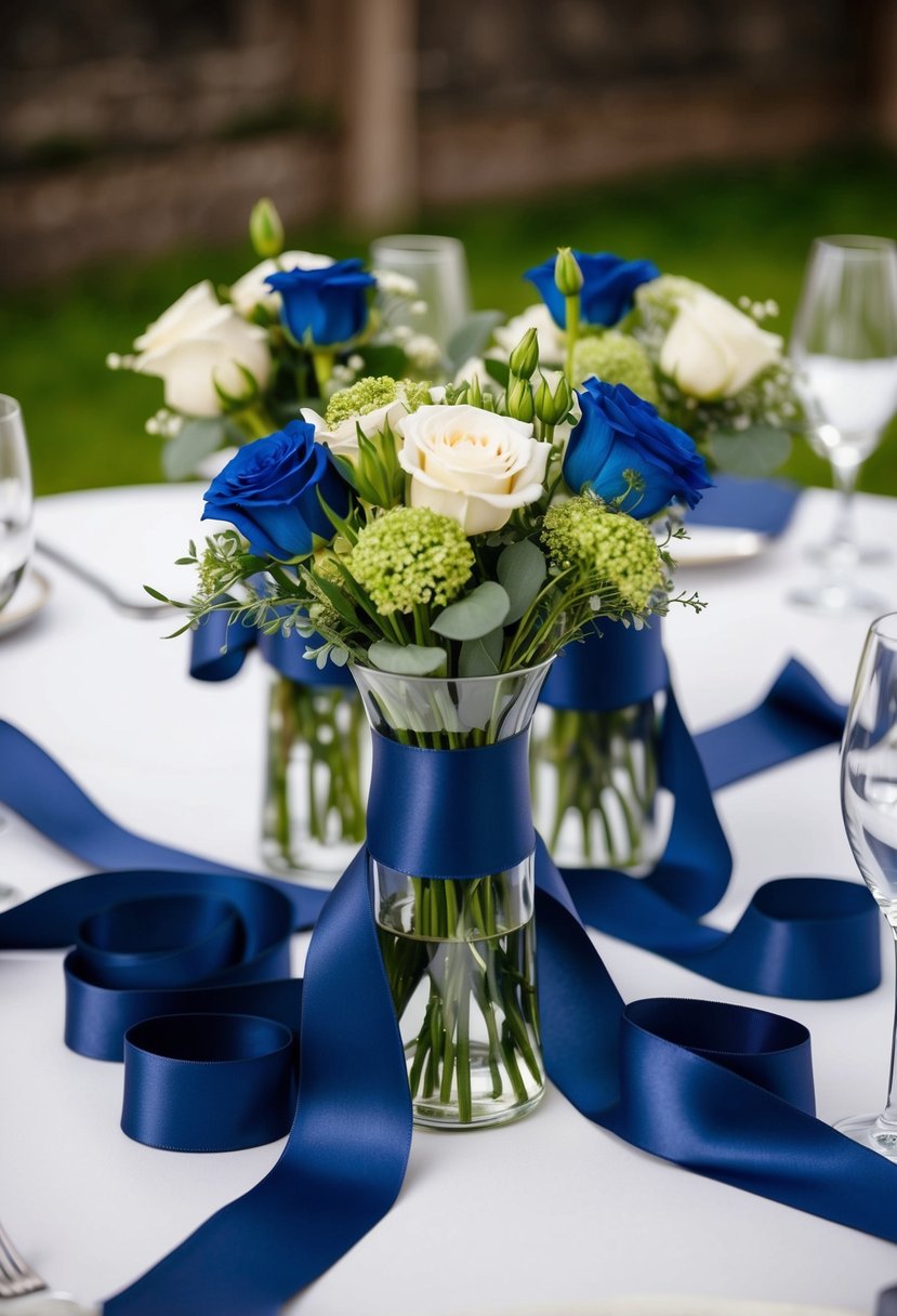 Navy blue satin ribbons elegantly wrap around floral vases on a wedding table, creating a sophisticated and cohesive decoration theme