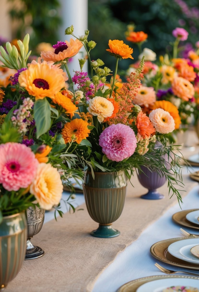 A table adorned with vibrant summer blooms in various warm hues, accented with delicate greenery and placed in elegant vases