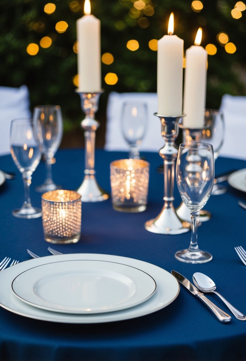 A navy blue tablecloth adorned with silver cutlery and shimmering candle holders