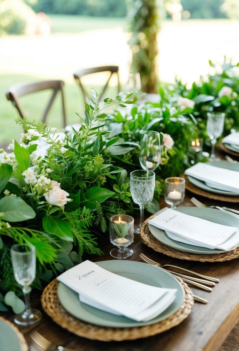 Lush green foliage and delicate flowers adorn a rustic wedding table, creating a natural and organic atmosphere