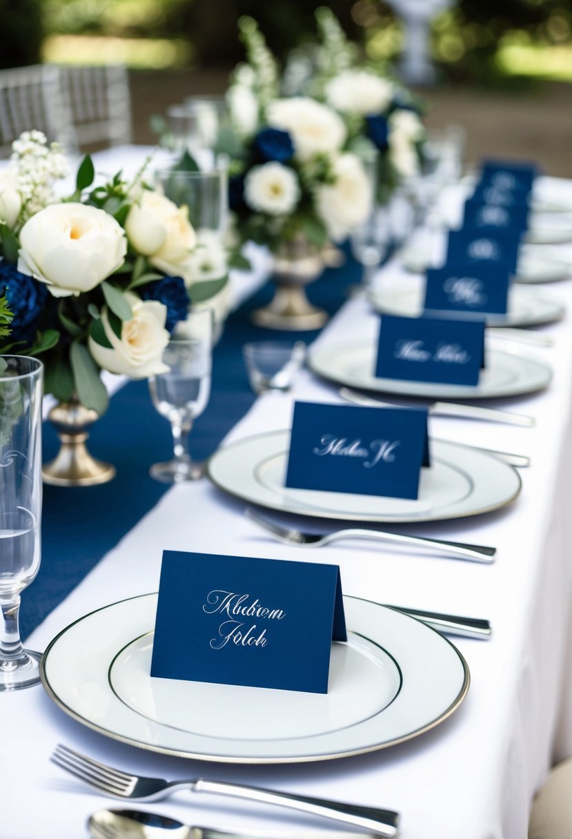 Navy blue place cards arranged on a white tablecloth with silver accents and floral centerpieces