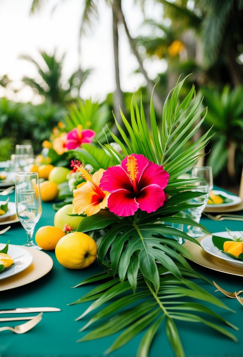 Lush greenery, bright hibiscus flowers, and colorful fruit adorn a tropical-themed wedding table