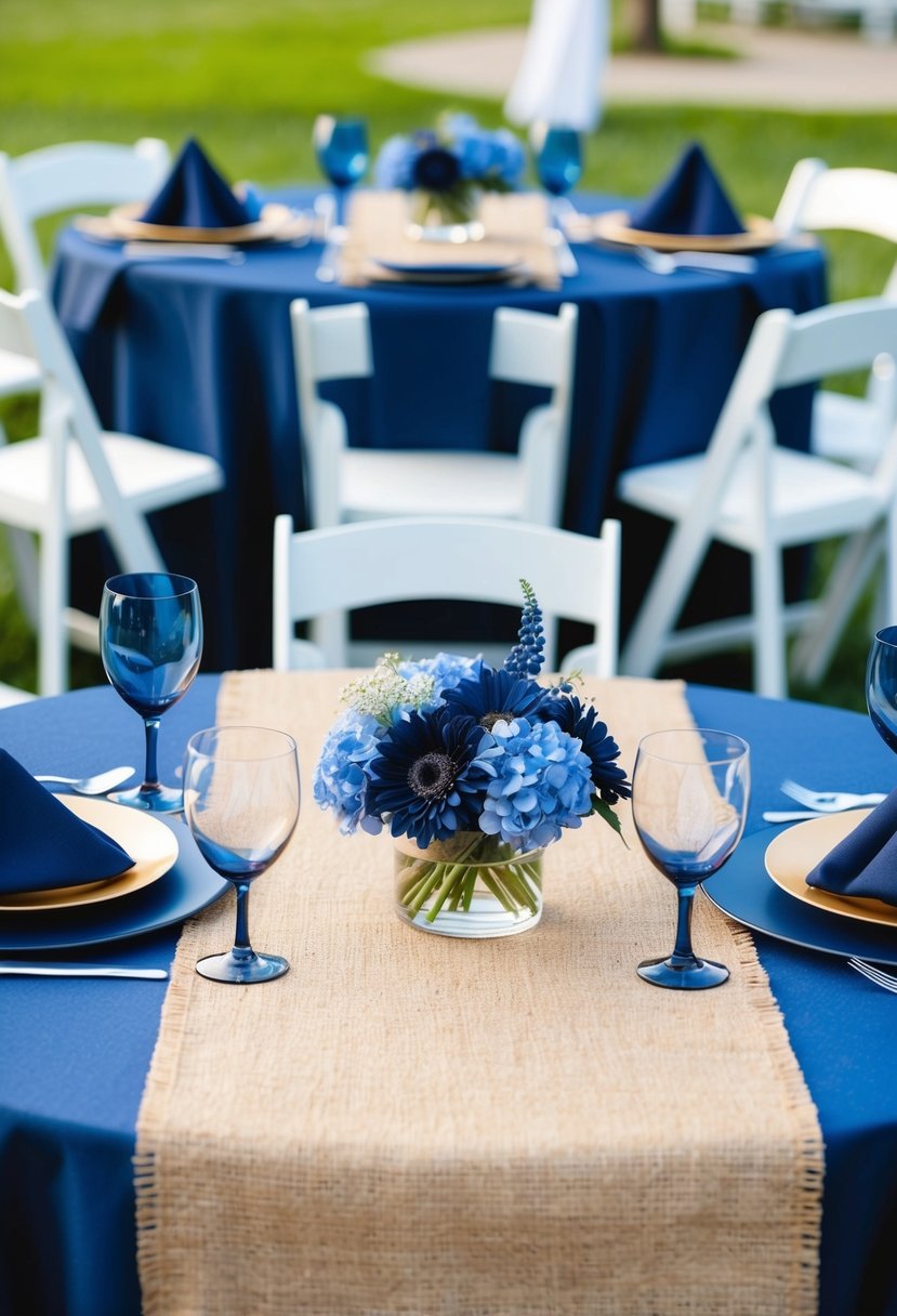 Navy blue tablecloths adorned with burlap runners, matching napkins, and centerpieces of navy blue flowers and burlap accents