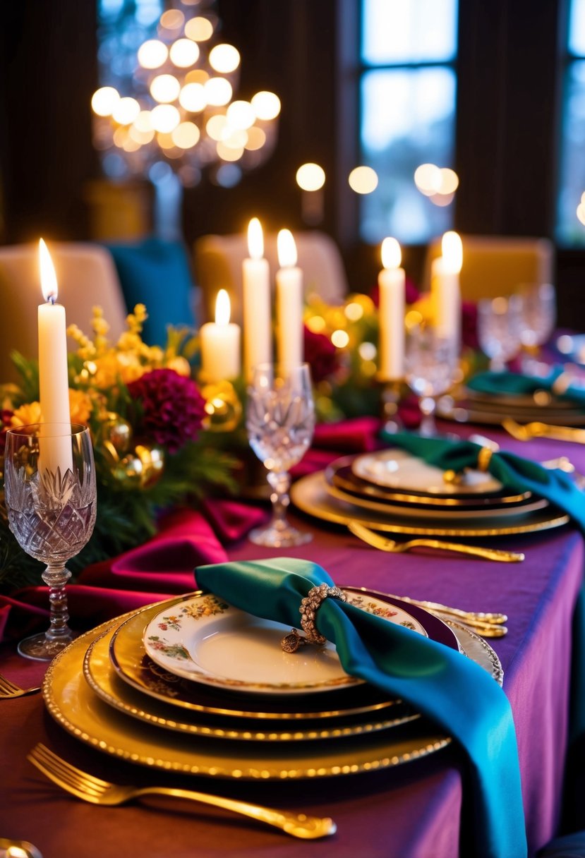 A table adorned with jewel-toned linens, set with ornate dinnerware and surrounded by flickering candlelight