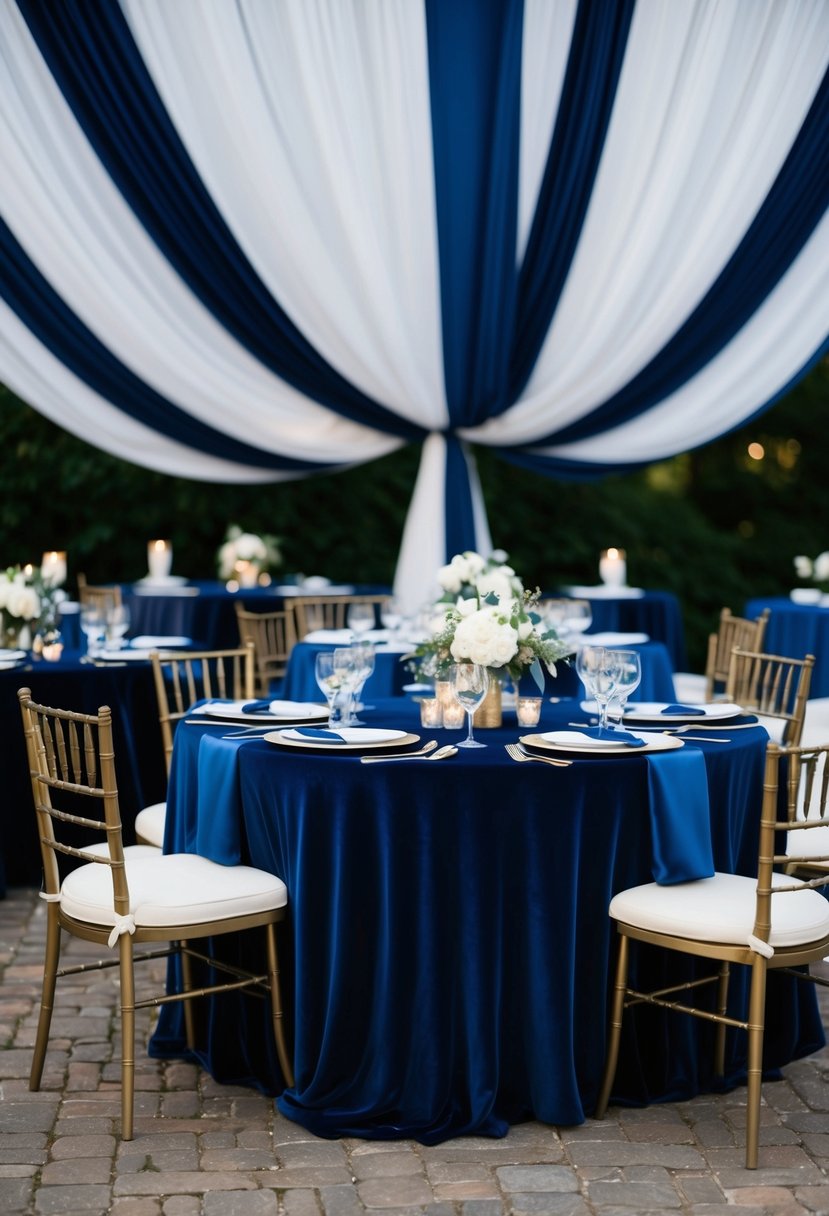 Navy blue velvet tablecloths drape elegantly over banquet tables, creating a luxurious and sophisticated atmosphere for a navy blue wedding