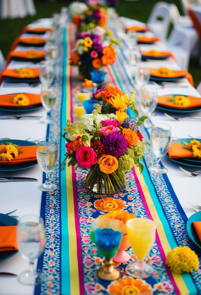 A vibrant array of patterned table runners, floral centerpieces, and colorful place settings adorn the tables at a June wedding reception