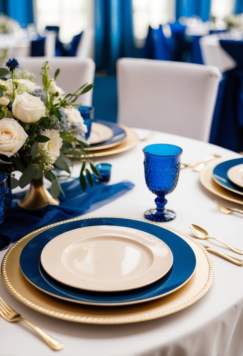 Navy blue chargers under pale dinnerware on a wedding table with navy blue decorations