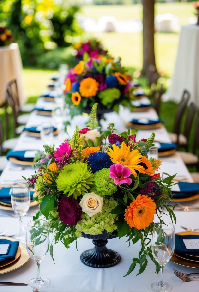 Vibrant floral centerpieces adorn a June wedding table, bursting with bold colors and lush greenery