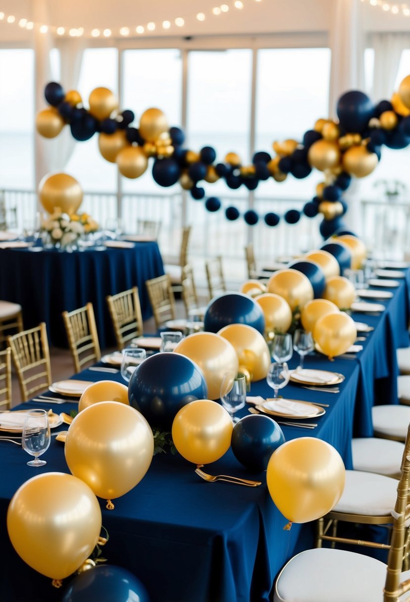 Navy and gold balloon garlands adorn a navy blue wedding table, creating an elegant and festive atmosphere